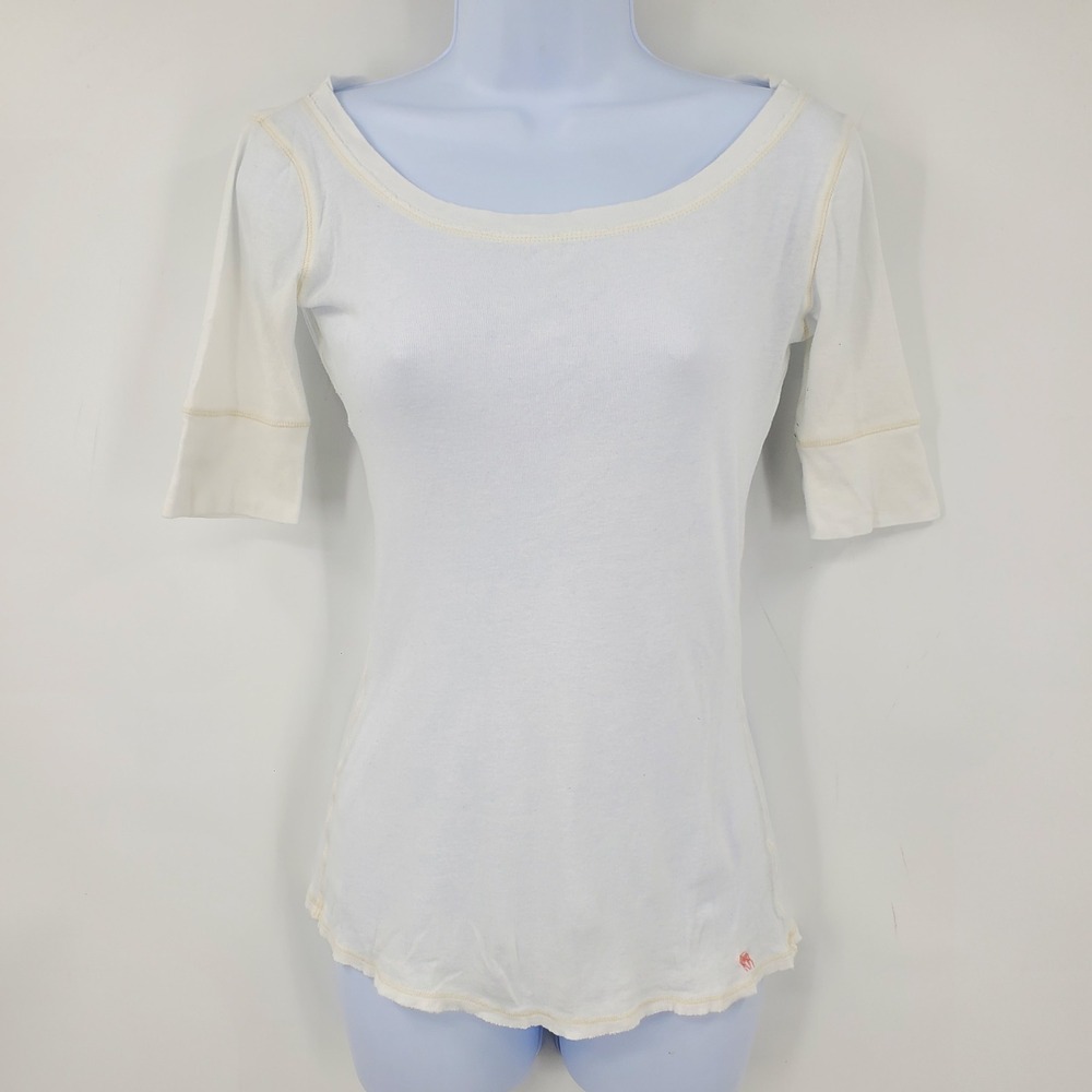 Abercrombie & Fitch Y2K White Ribbed‎ Scoop Neck Shirt Pink Moose Logo Med Indie